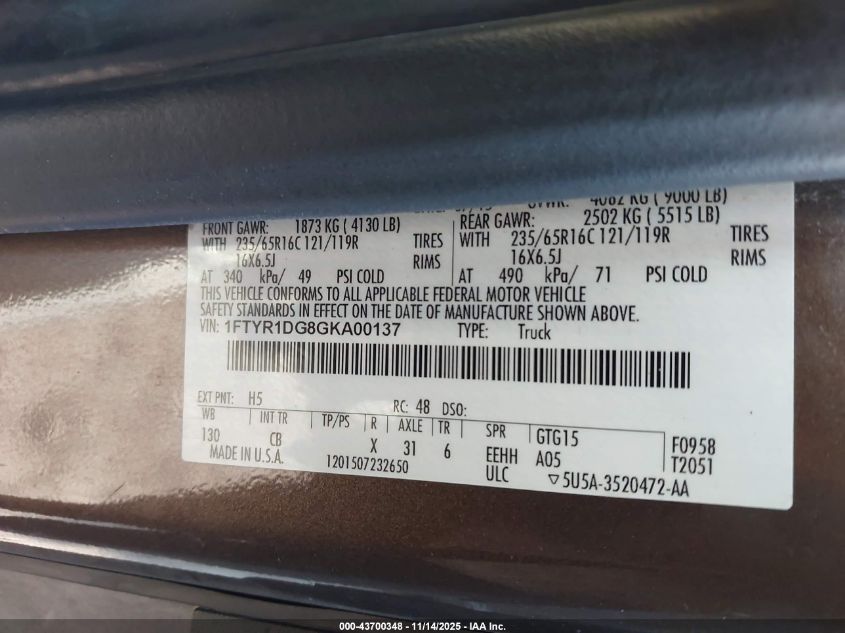 2016 Ford Transit-250 VIN: 1FTYR1DG8GKA00137 Lot: 43700348