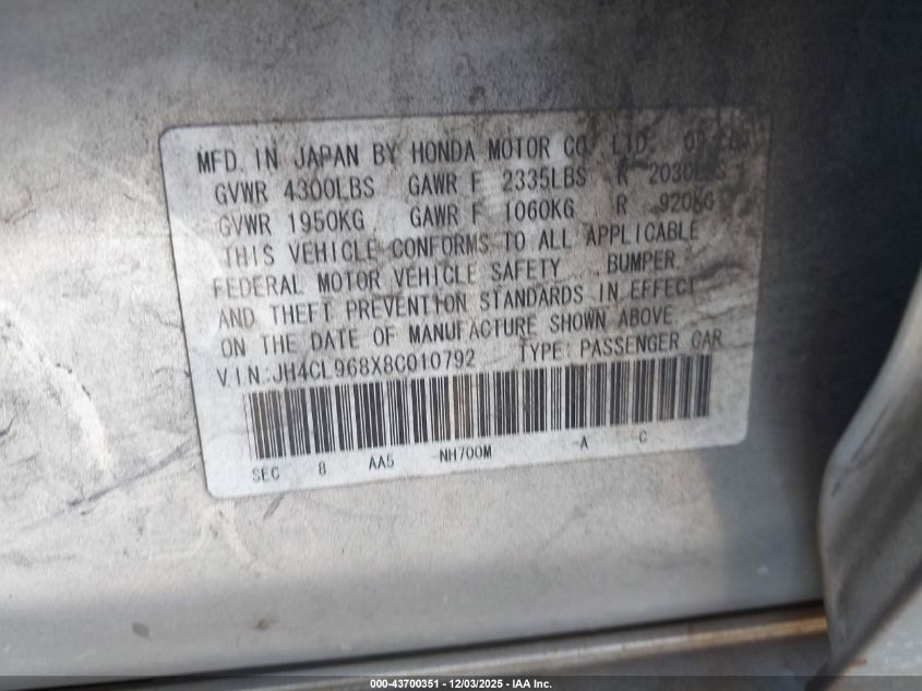 2008 Acura Tsx VIN: JH4CL968X8C010792 Lot: 43700351