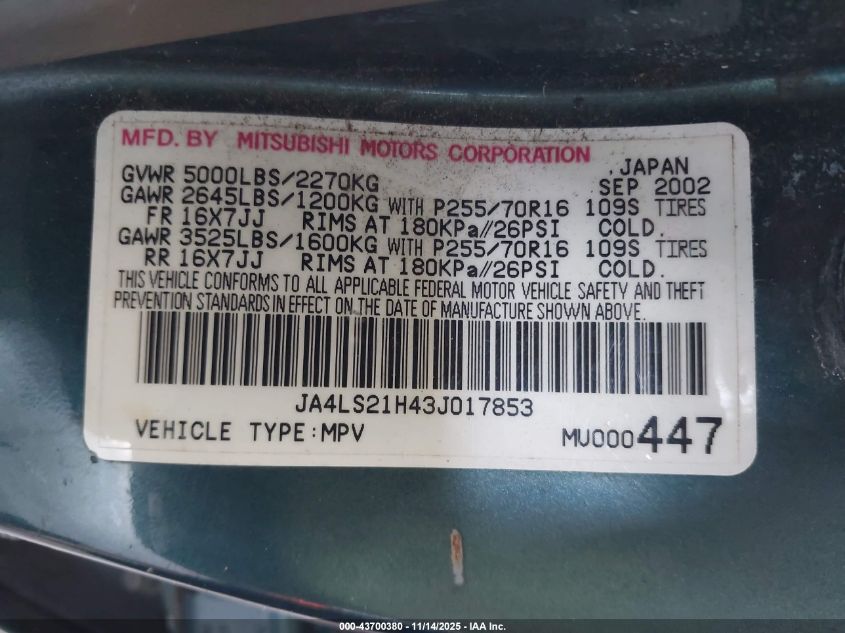 2003 Mitsubishi Montero Sport Es/Ls VIN: JA4LS21H43J017853 Lot: 43700380