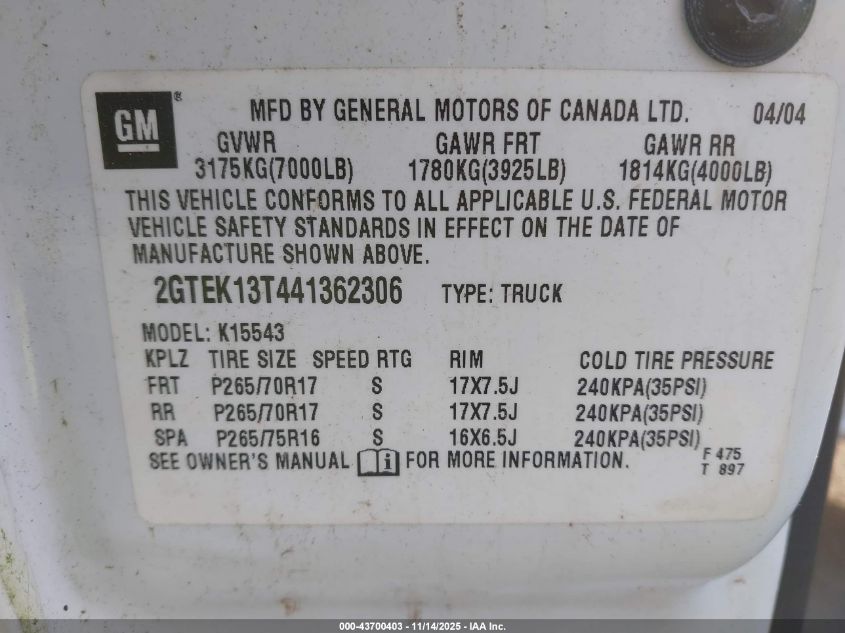 2004 GMC Sierra 1500 Slt VIN: 2GTEK13T441362306 Lot: 43700403