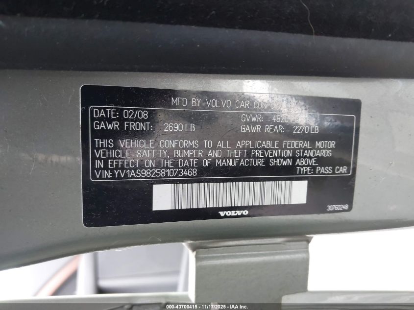 2008 Volvo S80 3.2 VIN: YV1AS982581073468 Lot: 43700415