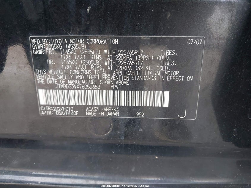 2007 Toyota Rav4 VIN: JTMBD33VX76052653 Lot: 43700430