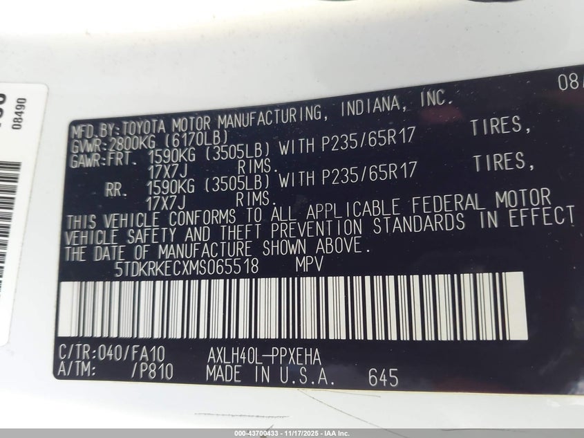 2021 Toyota Sienna Le VIN: 5TDKRKECXMS065518 Lot: 43700433