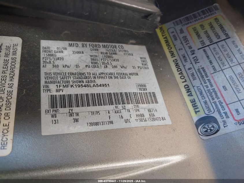 2008 Ford Expedition El Limited VIN: 1FMFK19548LA54951 Lot: 43700441