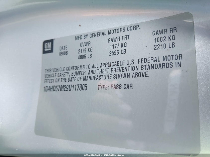 2009 Buick Lucerne Cxl Special Edition VIN: 1G4HD57M29U117805 Lot: 43700444