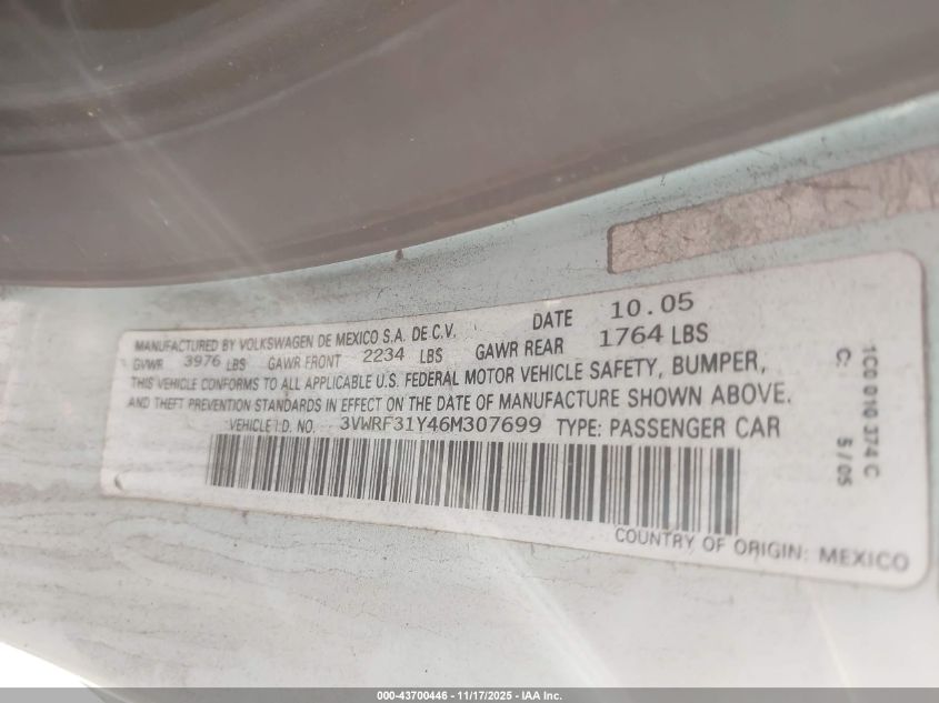 2006 Volkswagen New Beetle 2.5 VIN: 3VWRF31Y46M307699 Lot: 43700446