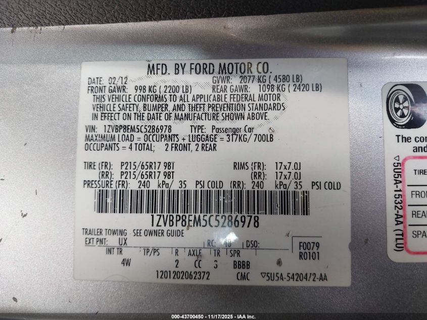 2012 Ford Mustang V6 Premium VIN: 1ZVBP8EM5C5286978 Lot: 43700450