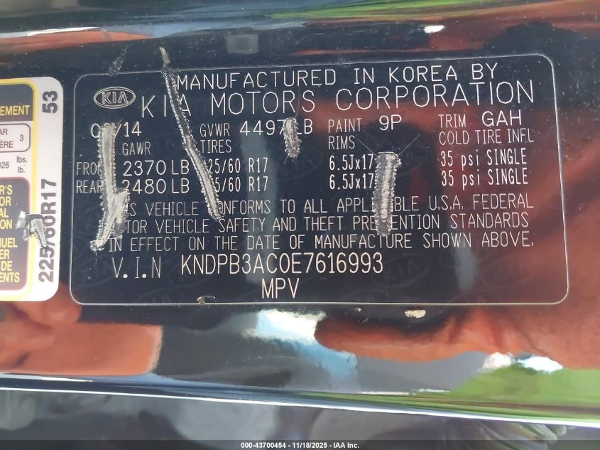 2014 Kia Sportage Lx VIN: KNDPB3AC0E7616993 Lot: 43700454