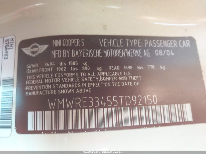 2005 Mini Cooper S VIN: WMWRE33455TD92150 Lot: 43700483