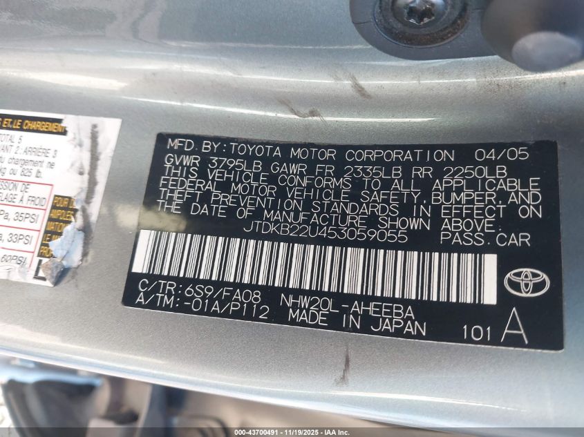 2005 Toyota Prius VIN: JTDKB22U453059055 Lot: 43700491