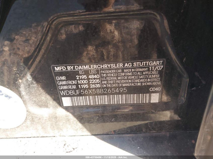 2008 Mercedes-Benz E 350 VIN: WDBUF56X58B265495 Lot: 43700496