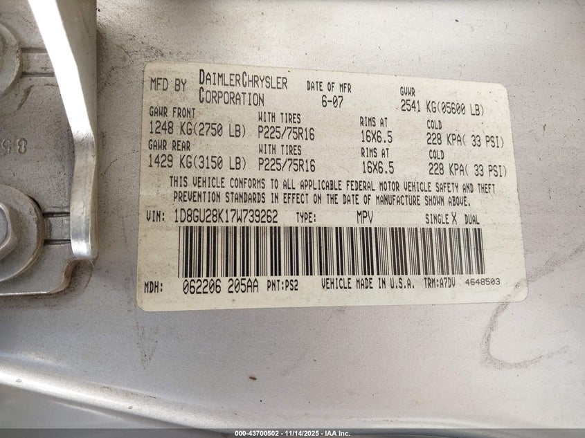 2007 Dodge Nitro Sxt VIN: 1D8GU28K17W739262 Lot: 43700502