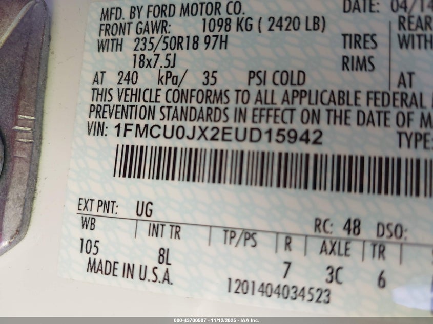 1FMCU0JX2EUD15942 2014 FORD ESCAPE photo no. 9