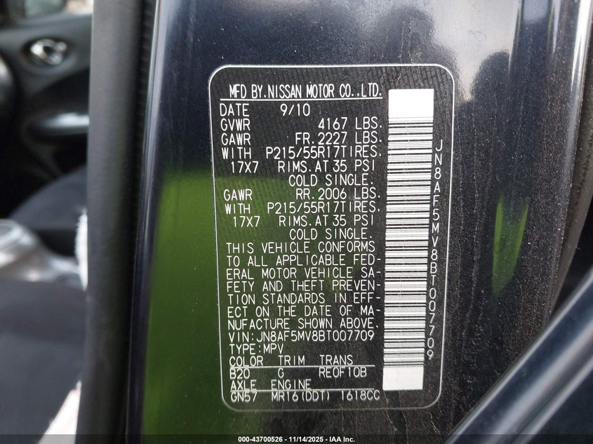 2011 Nissan Juke Sv VIN: JN8AF5MV8BT007709 Lot: 43700526