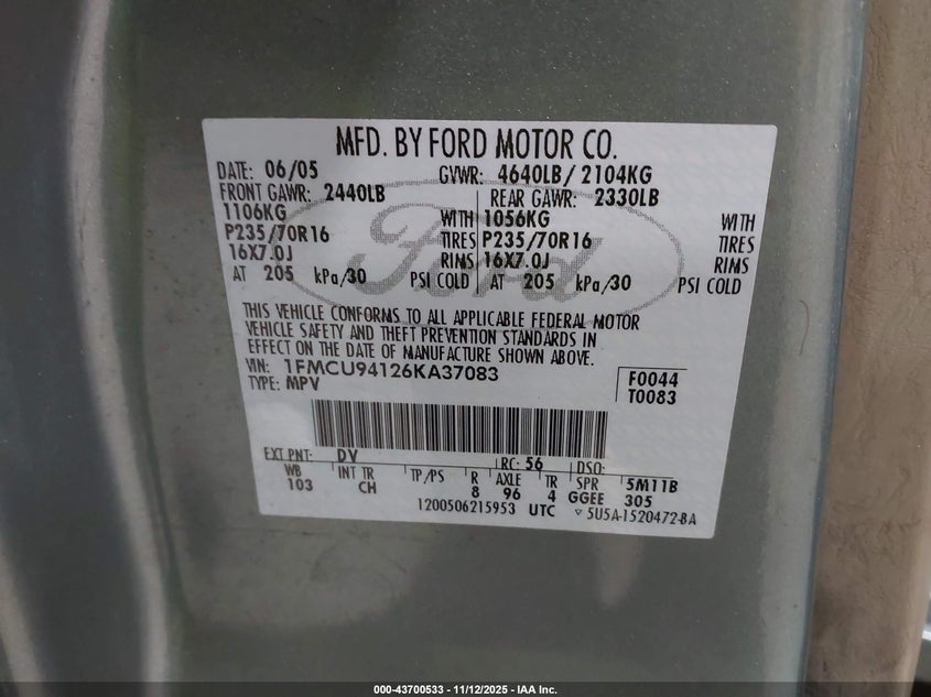 2006 Ford Escape Limited VIN: 1FMCU94126KA37083 Lot: 43700533