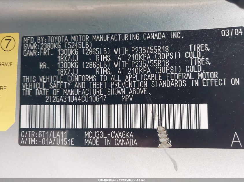 2004 Lexus Rx 330 VIN: 2T2GA31U44C010617 Lot: 43700548