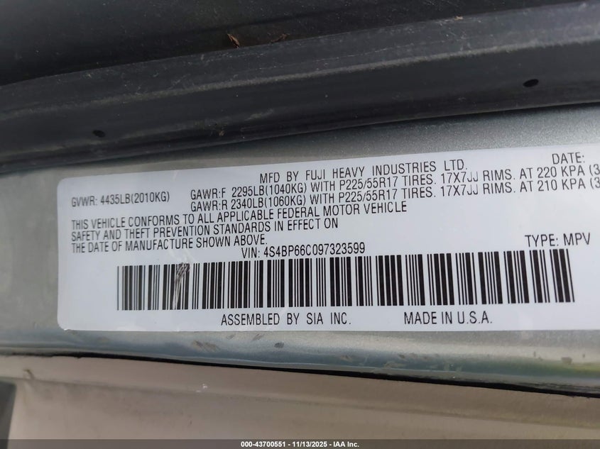 4S4BP66C097323599 2009 SUBARU OUTBACK photo no. 9