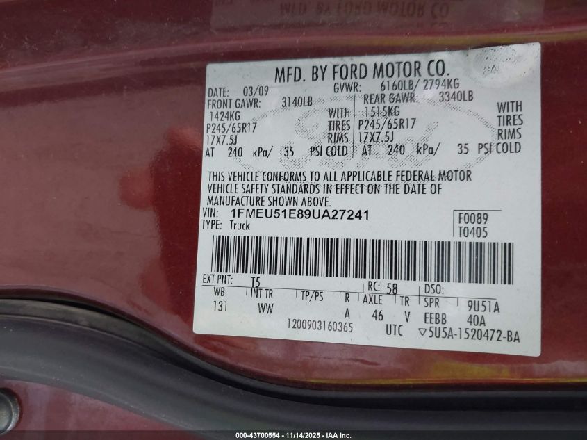 2009 Ford Explorer Sport Trac Xlt VIN: 1FMEU51E89UA27241 Lot: 43700554