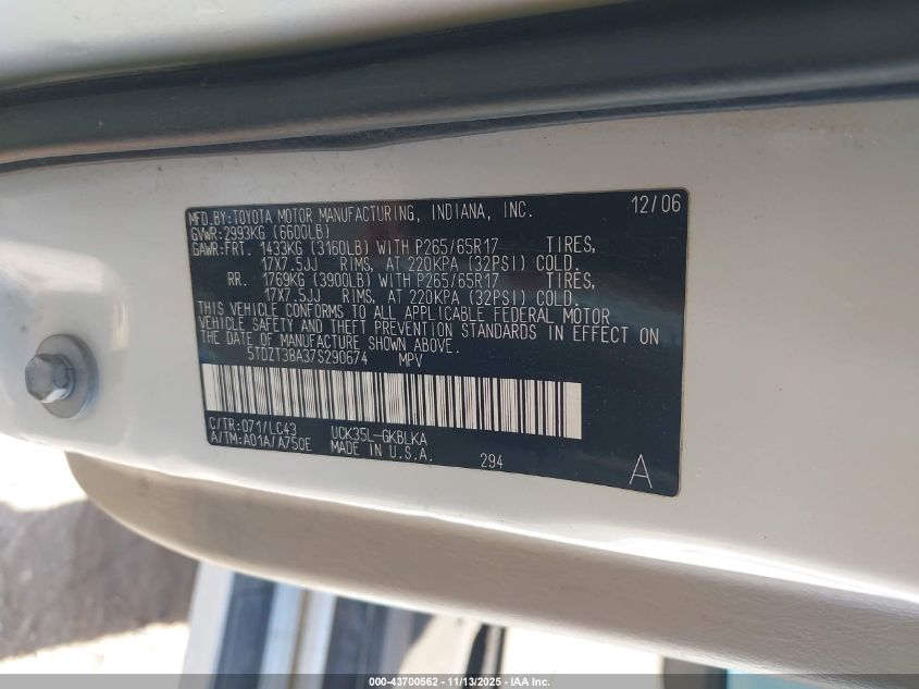 2007 Toyota Sequoia Limited V8 VIN: 5TDZT38A37S290674 Lot: 43700562