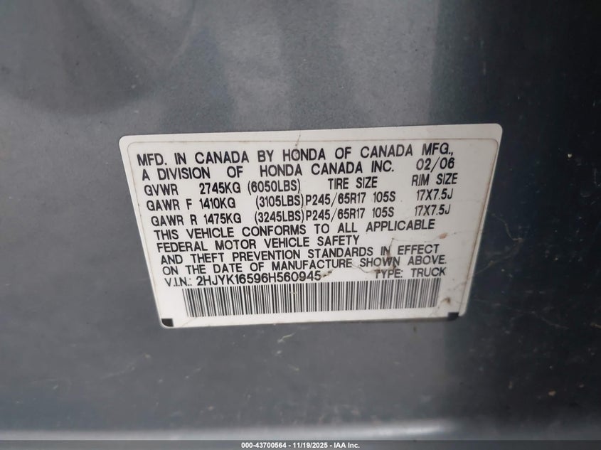 2006 Honda Ridgeline Rtl VIN: 2HJYK16596H560945 Lot: 43700564