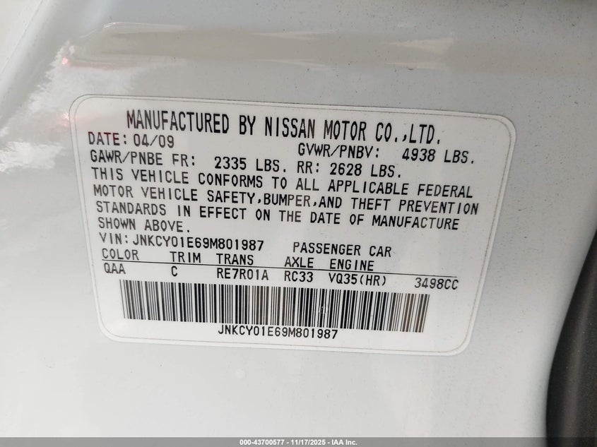 2009 Infiniti M35 VIN: JNKCY01E69M801987 Lot: 43700577
