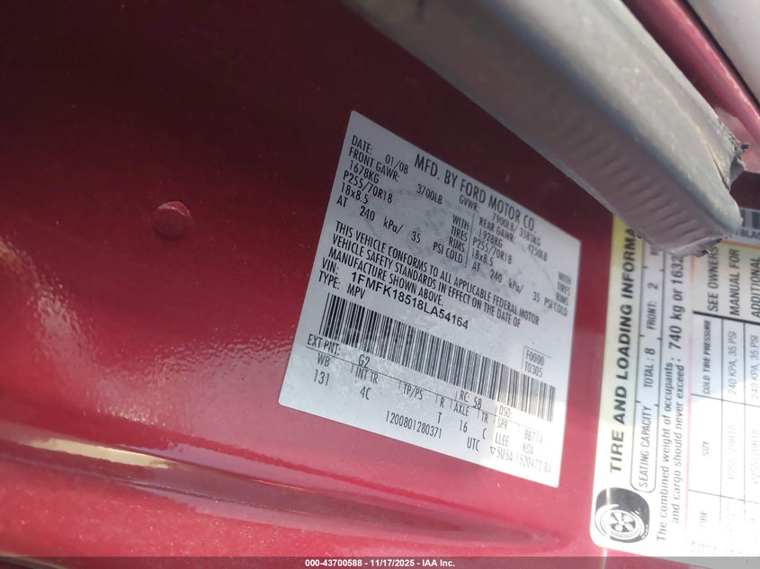 2008 Ford Expedition El Eddie Bauer VIN: 1FMFK18518LA54164 Lot: 43700588