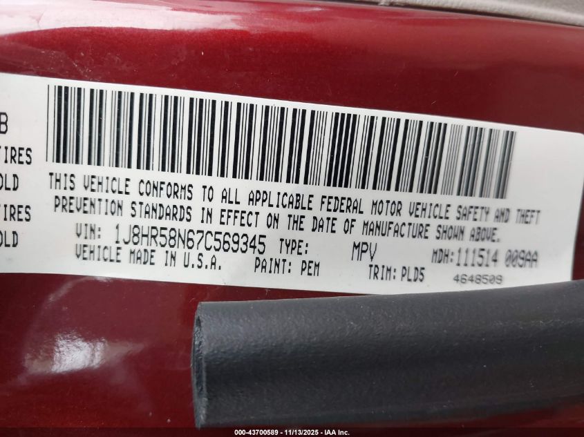 2007 Jeep Grand Cherokee Limited VIN: 1J8HR58N67C569345 Lot: 43700589