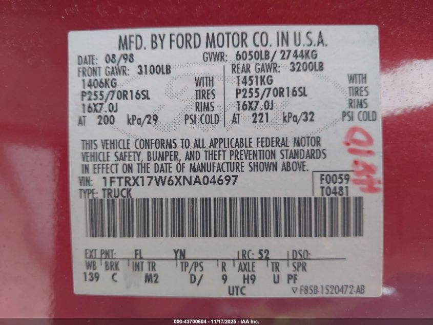 1999 Ford F-150 Lariat/Work Series/Xl/Xlt VIN: 1FTRX17W6XNA04697 Lot: 43700604