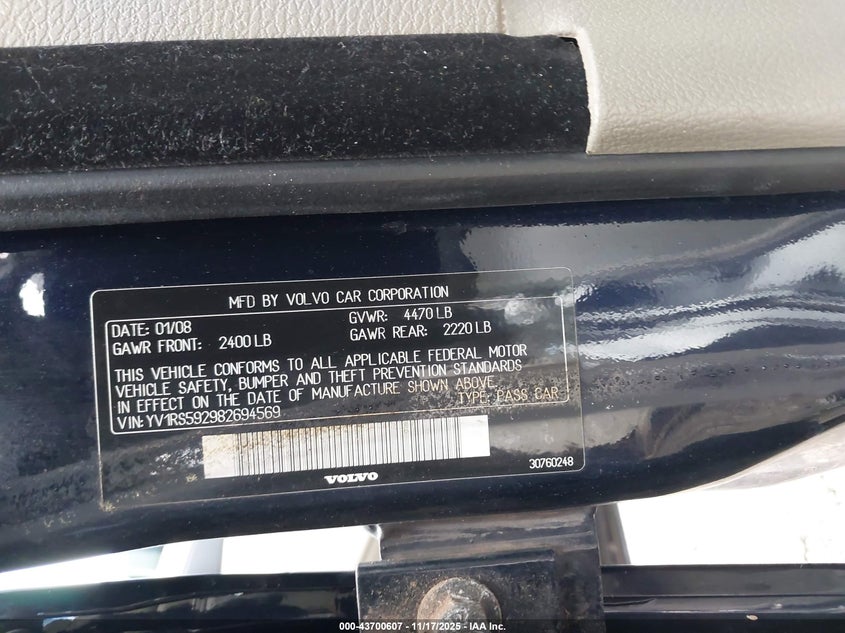 2008 Volvo S60 2.5T VIN: YV1RS592982694569 Lot: 43700607