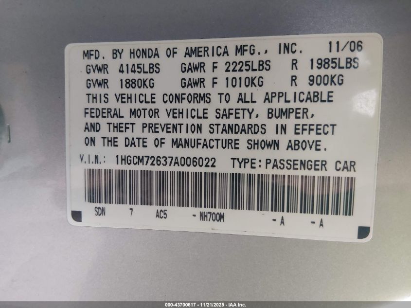 2007 Honda Accord 2.4 Ex VIN: 1HGCM72637A006022 Lot: 43700617
