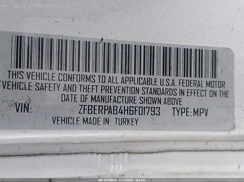 2017 Ram Promaster City Tradesman VIN: ZFBERFAB4H6F01793 Lot: 43700619