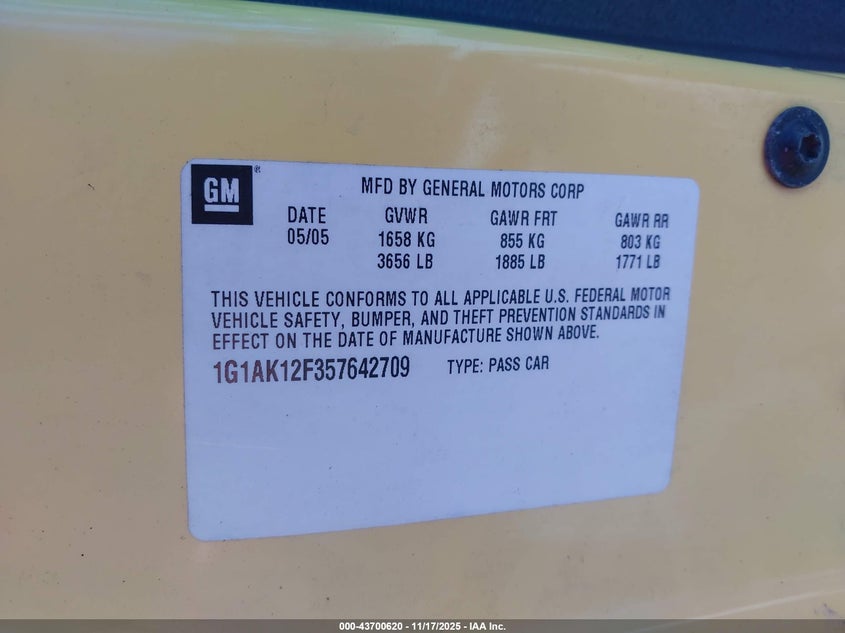 2005 Chevrolet Cobalt VIN: 1G1AK12F357642709 Lot: 43700620