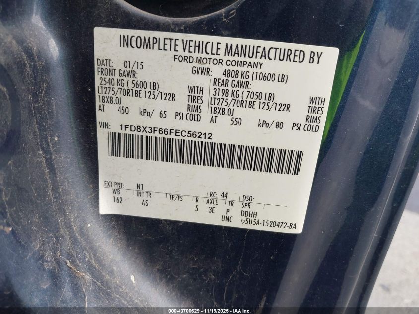 2015 Ford F-350 Chassis Xl VIN: 1FD8X3F66FEC56212 Lot: 43700629