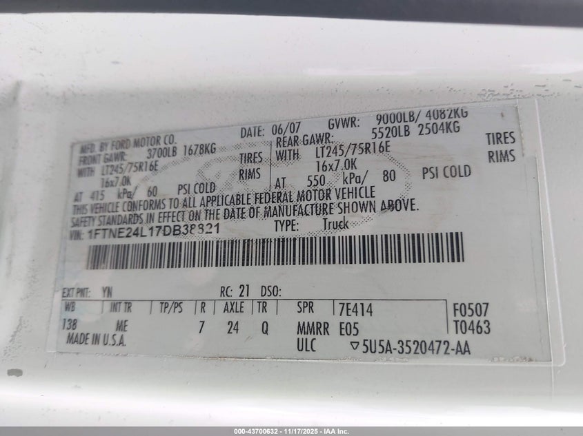 2007 Ford E-250 Commercial/Recreational VIN: 1FTNE24L17DB38821 Lot: 43700632