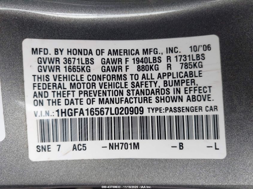 2007 Honda Civic Lx VIN: 1HGFA16567L020909 Lot: 43700633