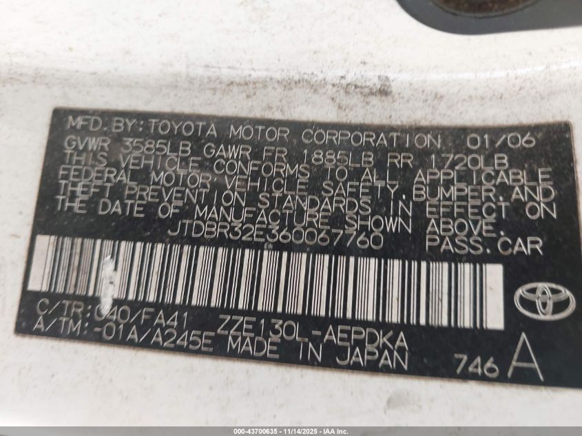 2006 Toyota Corolla Ce VIN: JTDBR32E360067760 Lot: 43700635