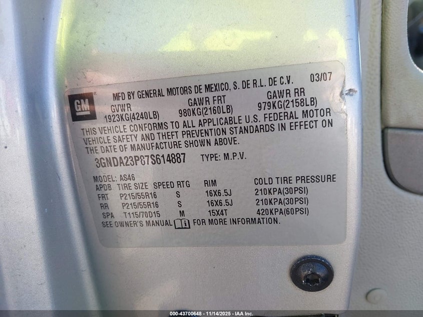 2007 Chevrolet Hhr Lt VIN: 3GNDA23P87S614887 Lot: 43700648