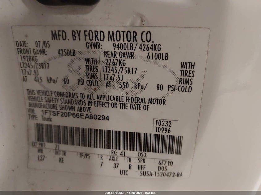 2006 Ford F-250 Xl/Xlt VIN: 1FTSF20P66EA60294 Lot: 43700658
