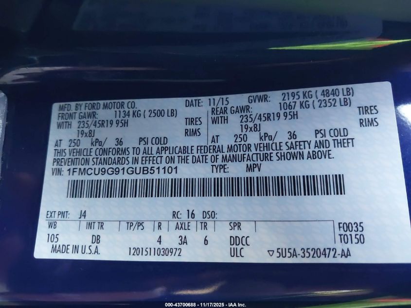 2016 Ford Escape Se VIN: 1FMCU9G91GUB51101 Lot: 43700688