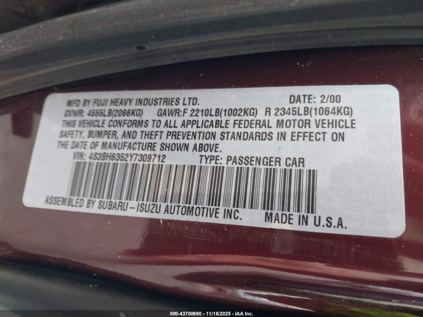 2000 Subaru Legacy L VIN: 4S3BH6352Y7309712 Lot: 43700690
