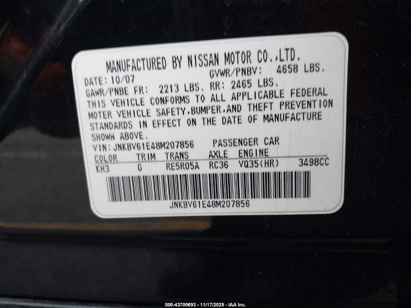 2008 Infiniti G35 Journey VIN: JNKBV61E48M207856 Lot: 43700693