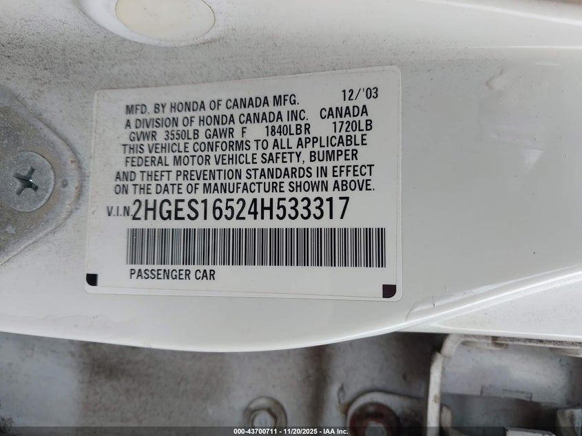 2004 Honda Civic Lx VIN: 2HGES16524H533317 Lot: 43700711