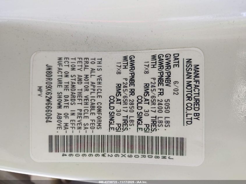 2002 Nissan Pathfinder Le VIN: JN8DR09X62W666064 Lot: 43700723