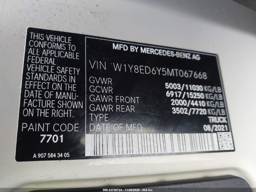 2021 Mercedes-Benz Sprinter 3500Xd High Roof V6 VIN: W1Y8ED6Y5MT067668 Lot: 43700724