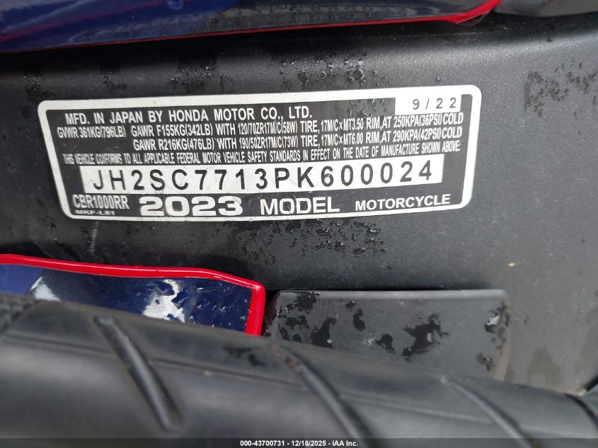 2023 Honda Cbr1000 Rr VIN: JH2SC7713PK600024 Lot: 43700731