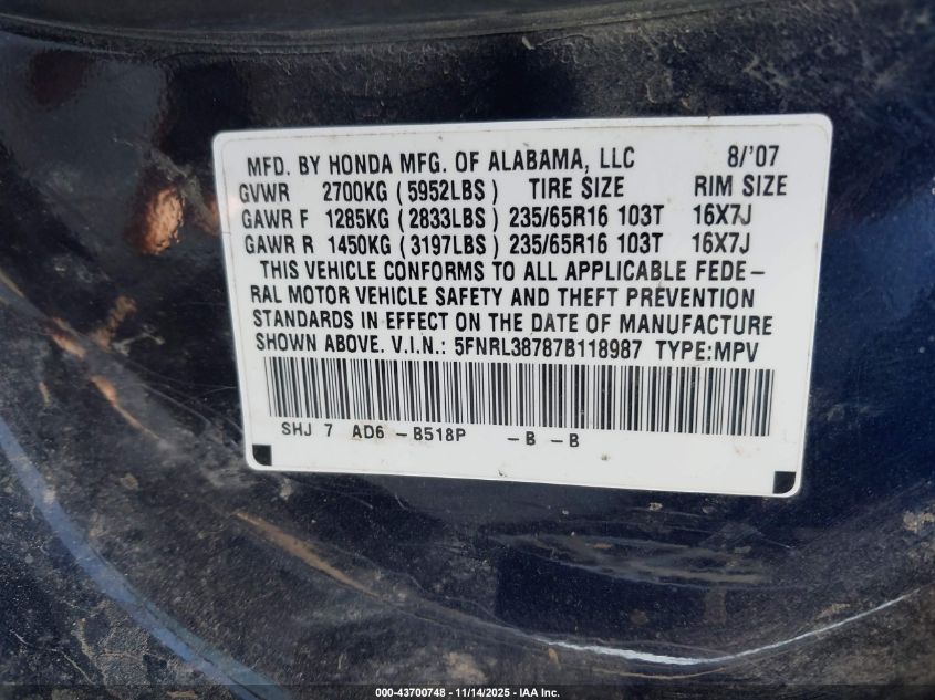 2007 Honda Odyssey Ex-L VIN: 5FNRL38787B118987 Lot: 43700748