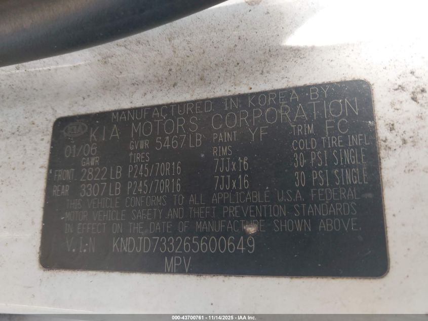 2006 Kia Sorento Ex/Lx VIN: KNDJD733265600649 Lot: 43700761