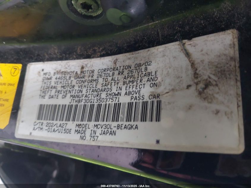 2003 Lexus Es 300 VIN: JTHBF30G135037571 Lot: 43700763