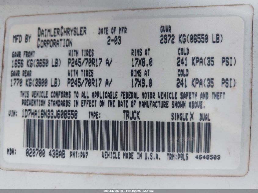 2003 Dodge Ram 1500 Slt/Laramie/St VIN: 1D7HA16N33J608558 Lot: 43700780