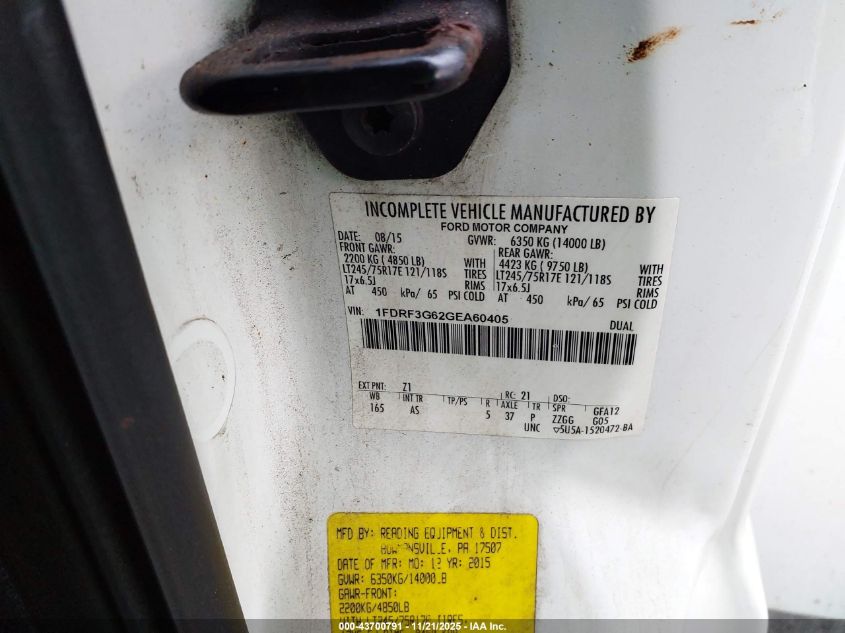 2016 Ford F-350 Chassis Xl VIN: 1FDRF3G62GEA60405 Lot: 43700791